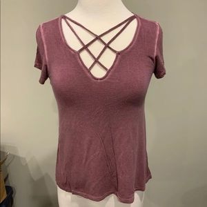 Burgundy Criss Cross Neck Tee